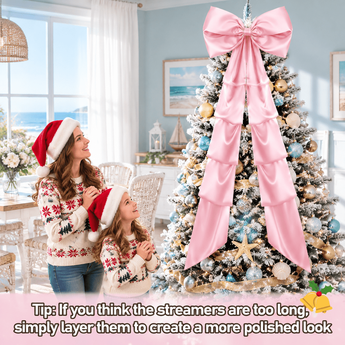 Extra Large Christmas Tree Topper Bow, Pink, 10.2ft Long Ribbons for 9-12ft Trees
