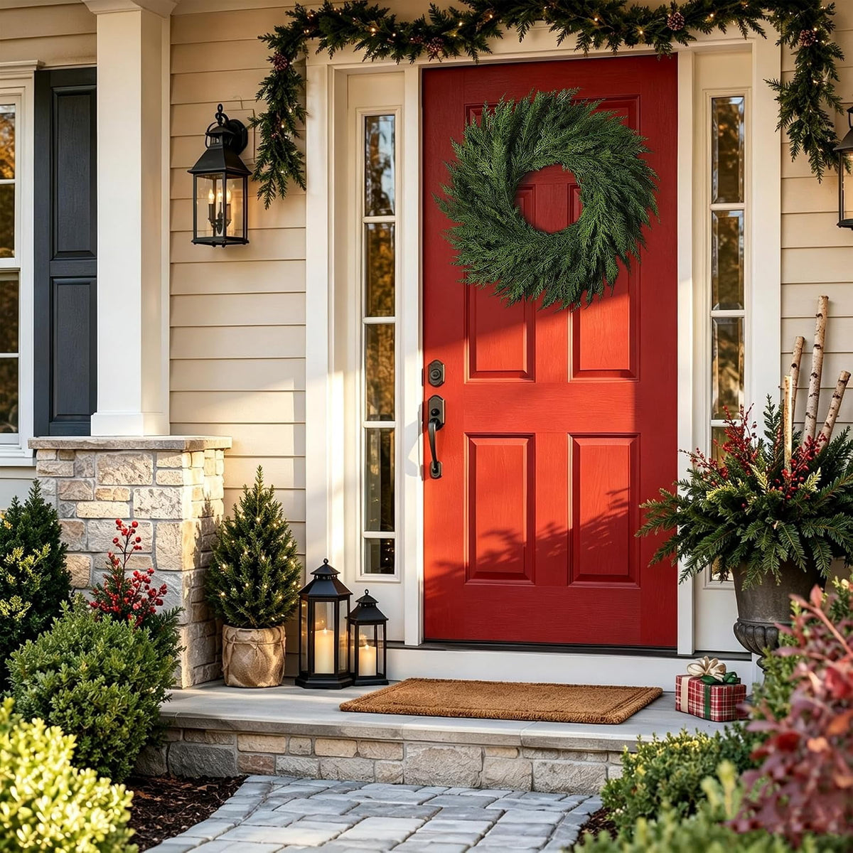 24’’ Real Touch Christmas Wreath, Artificial Cedar Wreath for Door Cedar Wreath,Faux Christmas Wreath for Front Door Wall Windows Porches Indoor Outdoor Christmas Xmas Decorations Winter Decor