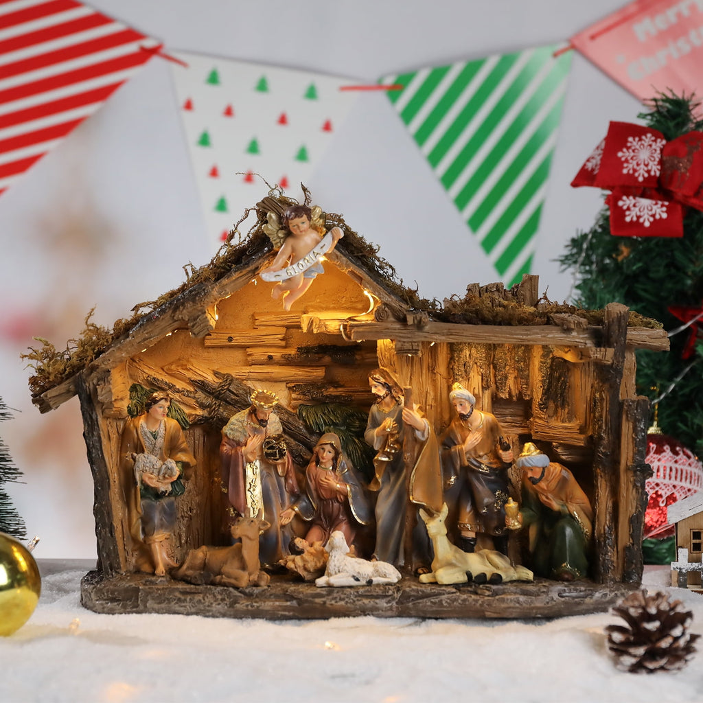 12.5 INCH Wonder Garden Christmas Nativity Set Figurine - Nativity Scene Statue with Moss Stable Village Music Decor