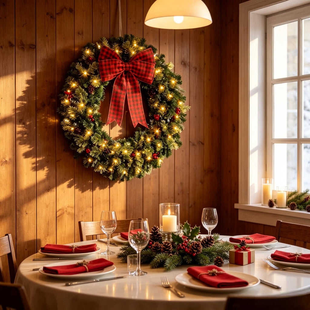Pre-Lit Christmas Wreath with 100 Warm White LED Lights, 8 Lighting Modes, Berries, Pinecones, and Buffalo Plaid Bow, 36 in