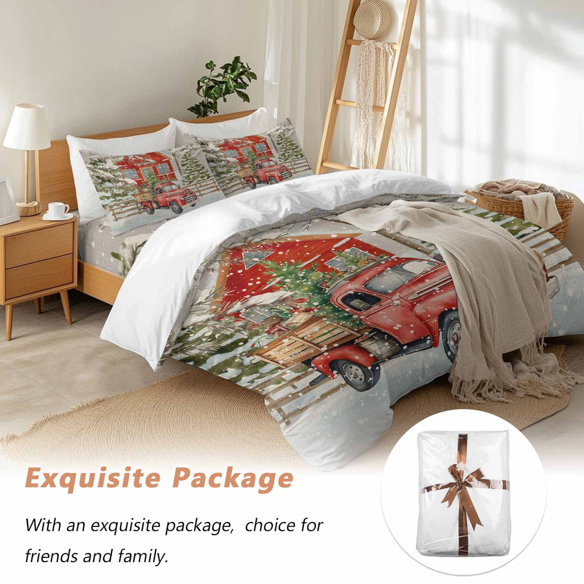 Merry Christmas Bedding Duvet Cover Set Full Size 4 Pieces Xmas Tree Red Truck Barn Snowflake Gray Bedding Set with Zipper Closure, 1 Comforter Cover 86x90 Inches 1 Flat Sheet & 2 Pillow Cases