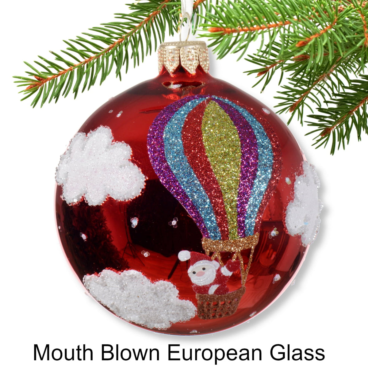 Hot Air Balloon Blown Glass Ornaments - European Mouth-Blown Glass Balls, Set of 3 Blue, Red, Purple