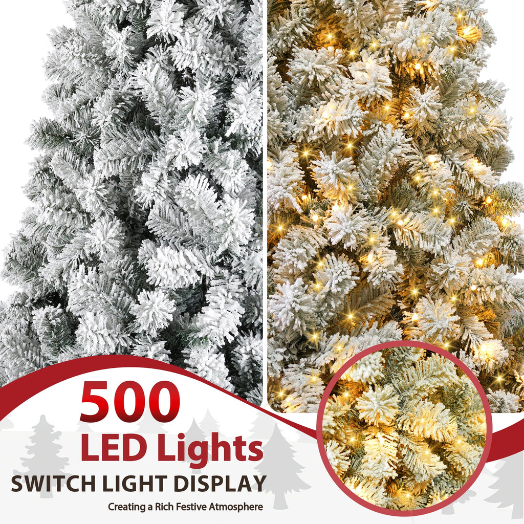 Yexmas 7.5ft Pre-Lit Snowflake Flocked Christmas Tree,8 Modes LED Lights,Artificial Xmas Tree with Storage Bag