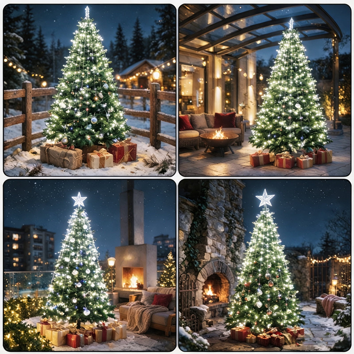 Christmas Tree Lights with Ring, 400 LED Cool White Tree Ring Light, 16 Strands 6.6FT Cascade with Remote & Timer for Indoor Xmas Tree Decor