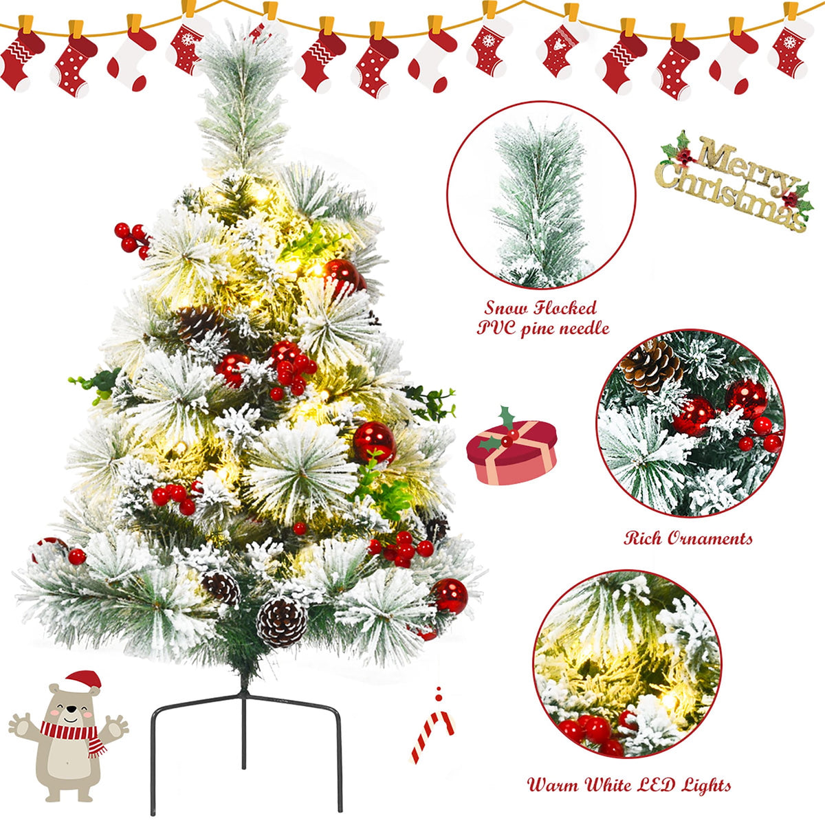 Costway Set of 2 29 in Battery Powered Pre-lit Pathway Flocked Christmas Trees Outdoor