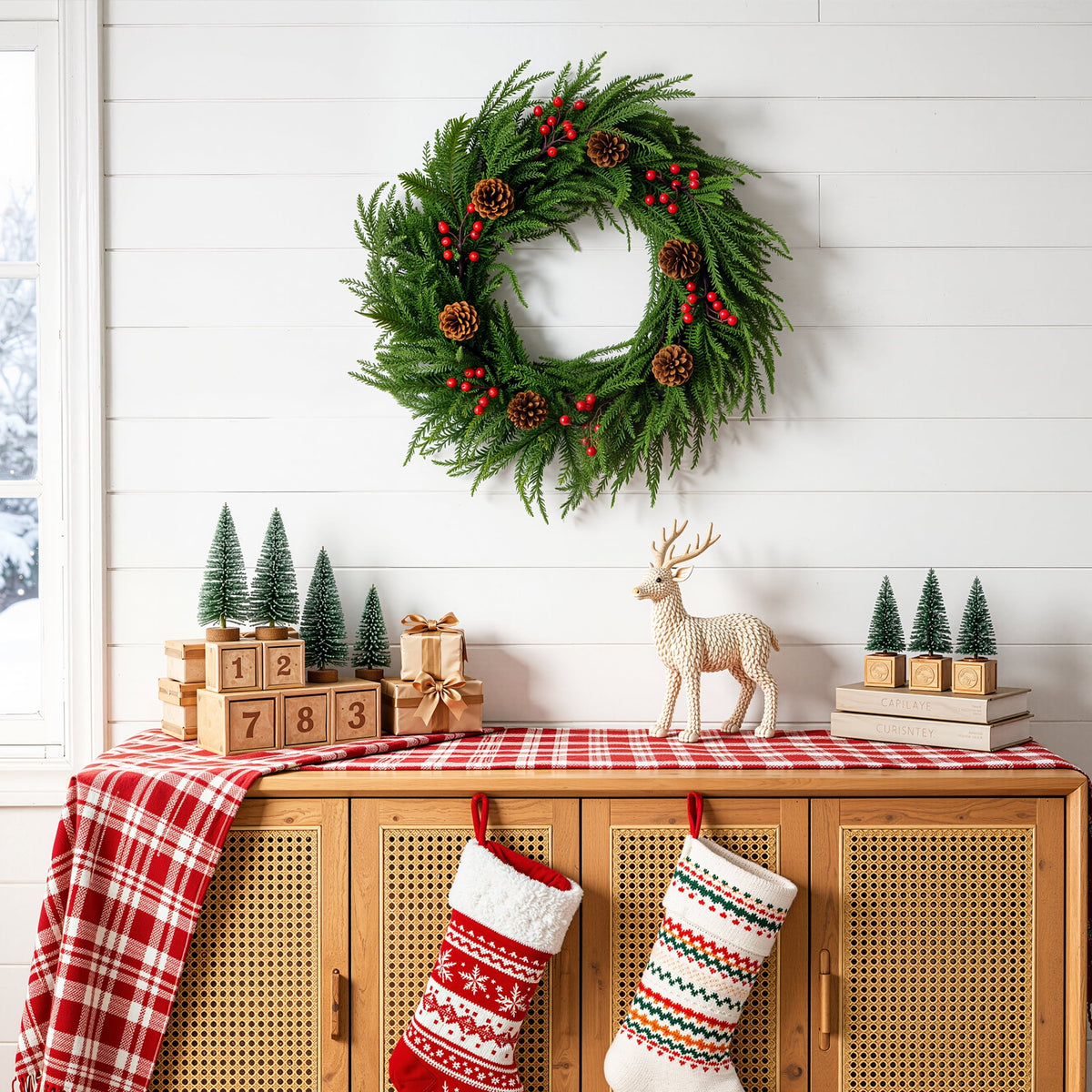 DR.Planzen 24" Pre-Lit Red Berry & Pinecone Christmas Wreath with 57 PE Branches, Realistic Norfolk Pine Garland Ring for Front Door & Indoor Wall Decor