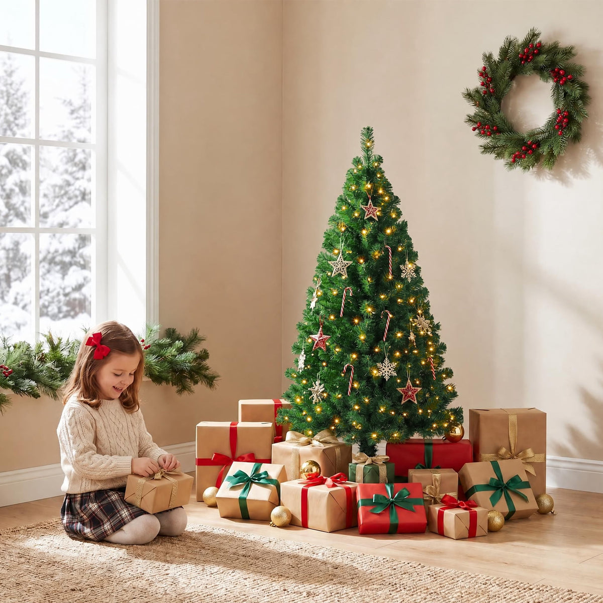 Leyaron Christmas Tree with Lights, 4FT Artificial Small Mini Christmas Tree Decorations for Indoor Holiday Xmas Home Decor, Green