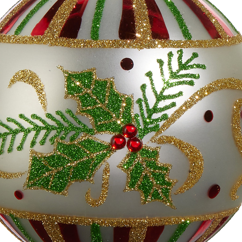 RAZ Imports 4" Traditional Holly Leaf Ball and Finial Glass Christmas Ornaments - Set of 2