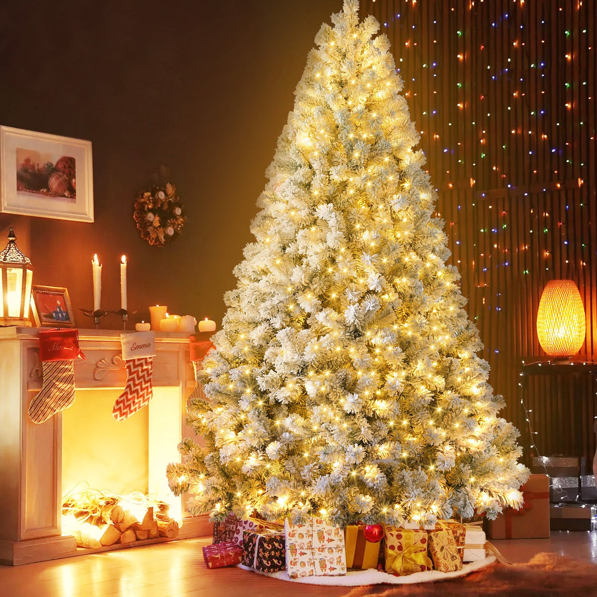 Yexmas 7.5ft Pre-Lit Snowflake Flocked Christmas Tree,8 Modes LED Lights,Artificial Xmas Tree with Storage Bag