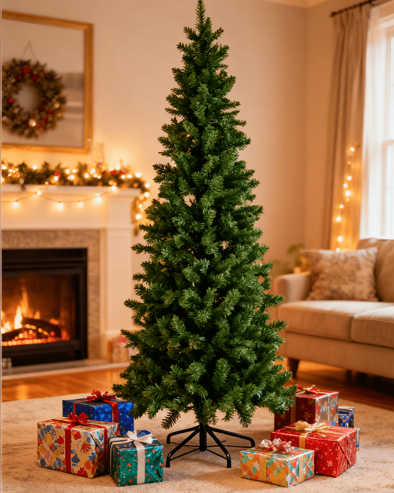 LIFERECORD 6ft Prelit Artificial Hinged Slim Pencil Christmas Tree with 250 Lights, 571 Full Branch Tips, 8 Warm Lingting Motes Perfect Decoration for Xmas Holiday, Green