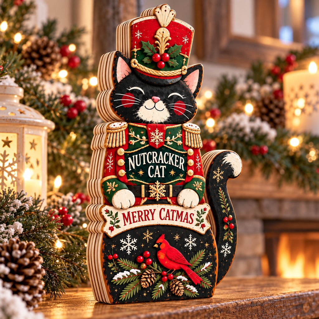Christmas Wooden Block Nutcracker 3 Layer Tabletop Display for Feline Lovers