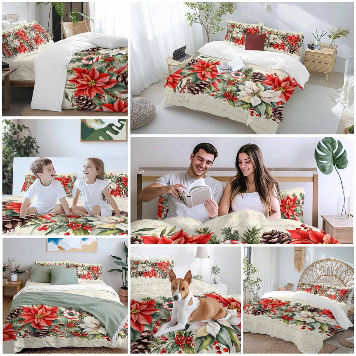 Red White Flowers Bedding Duvet Cover Set Twin 4 Pieces Pine Cone Winter Snowflakes Christmas Vintage Letter Bedding Set with Zipper Closure,1 Comforter Cover 68x90 In 1 Flat Sheet & 2 Pillow Cases