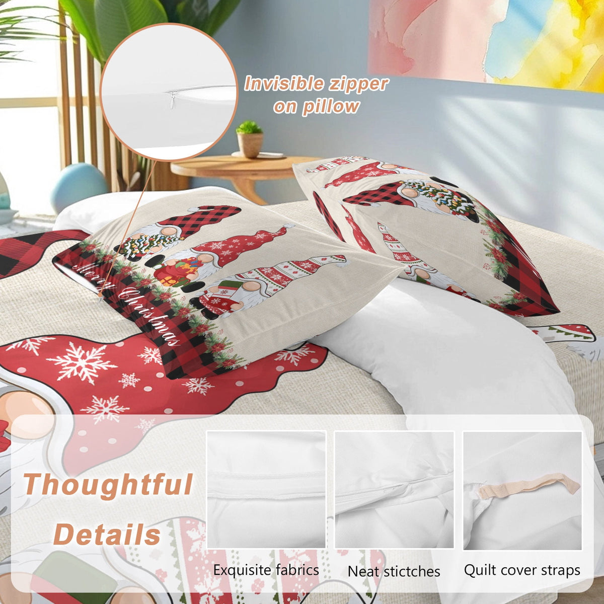 Christmas Dwarfs Bedding Duvet Cover Set Full Size 4 Pieces Winter Hat Gnome Poinsettia Retro Linen Plaid Bedding Set with Zipper Closure,1 Comforter Cover 86x90 Inches 1 Flat Sheet & 2 Pillow Cases