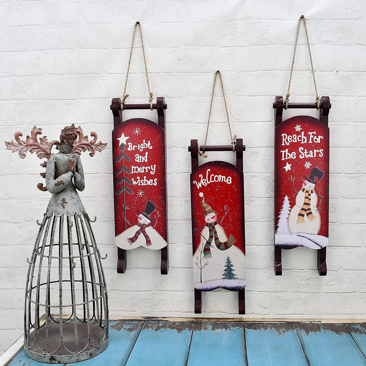 Wood Sleigh Decor Rustic Christmas Hanging Ornament Set of 3, Decorative Wooden Sled Snowman Pattern Hanging Christmas Sled Wall Art Decor Sled Door Hanging Decoration Holiday Decor Xmas Gift