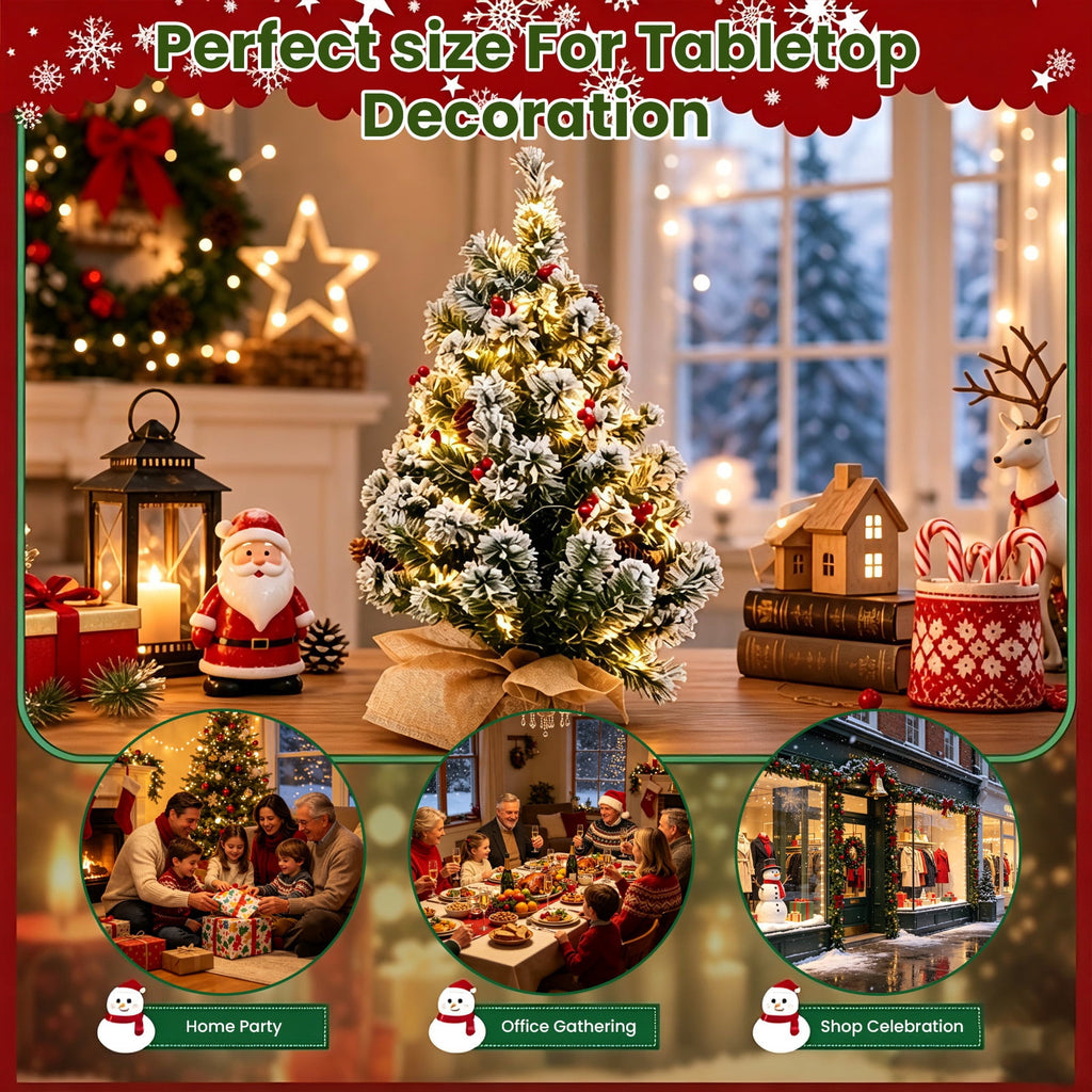 22" Mini Christmas Tree with 30 LEDs, Red Berries & Pinecones, DIY Kit, Battery Powered Tabletop Tree Christmas Decorations Gifts for Dorms, Offices, Home, Classrooms Desks & Small Spaces