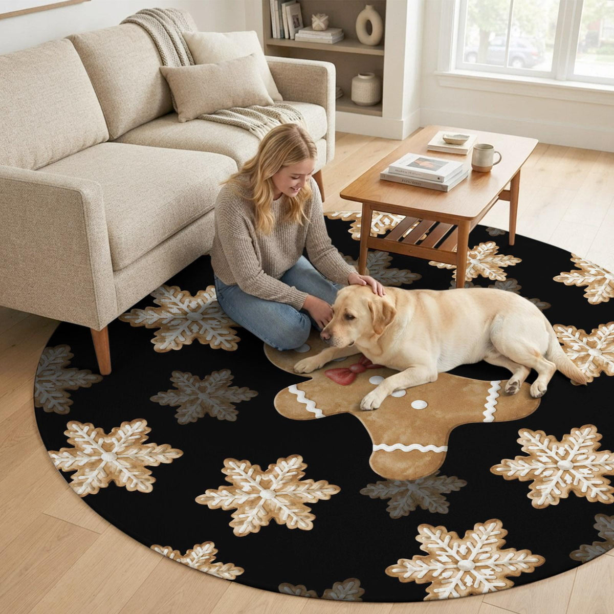 6ft Round Rug, Christmas Non-Skid Rubber Backing Large Area Rugs - Living Room Bedroom Home Office, Beige Snowflake Xmas Winter Black Indoor Floor Mat Carpets Washable Rug
