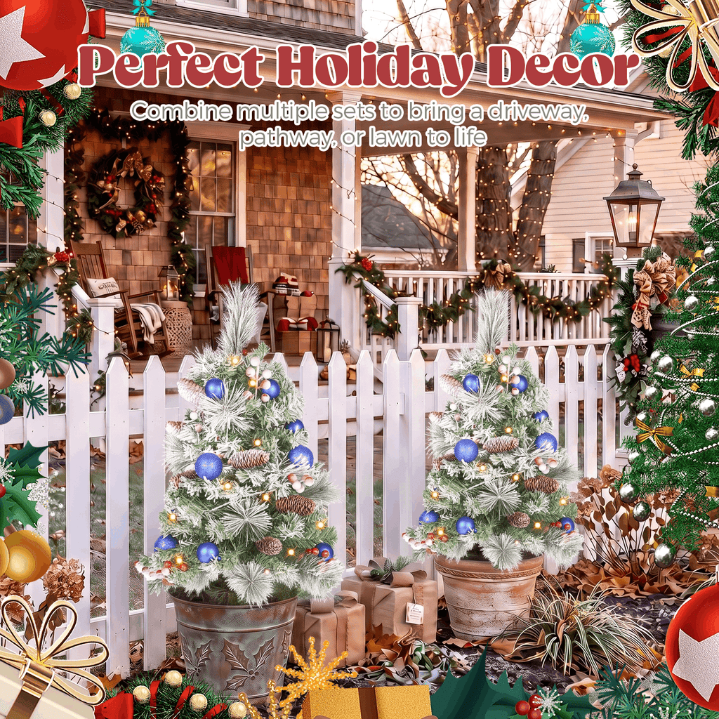 2 Pack 30 inch Prelit Outdoor Pathway Christmas Tree, Artificial Small Xmas Tree with Dual Color Berries & Balls, 30 Battery Operated Warm Lights for Holiday New Year Winter Patio Driveway Yard Lawn