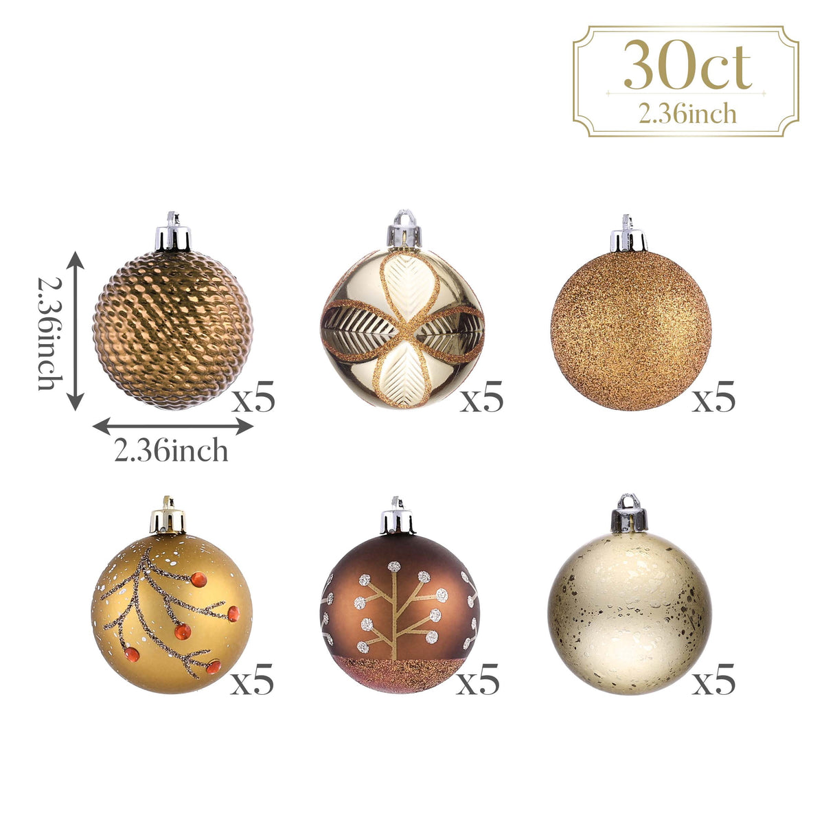 Valery Madelyn 35ct 2.36 inches Luxurious Copper Gold Christmas Ball Ornaments, Shatterproof Christmas Tree Ornaments Hanging Bauble for Xmas Decoration