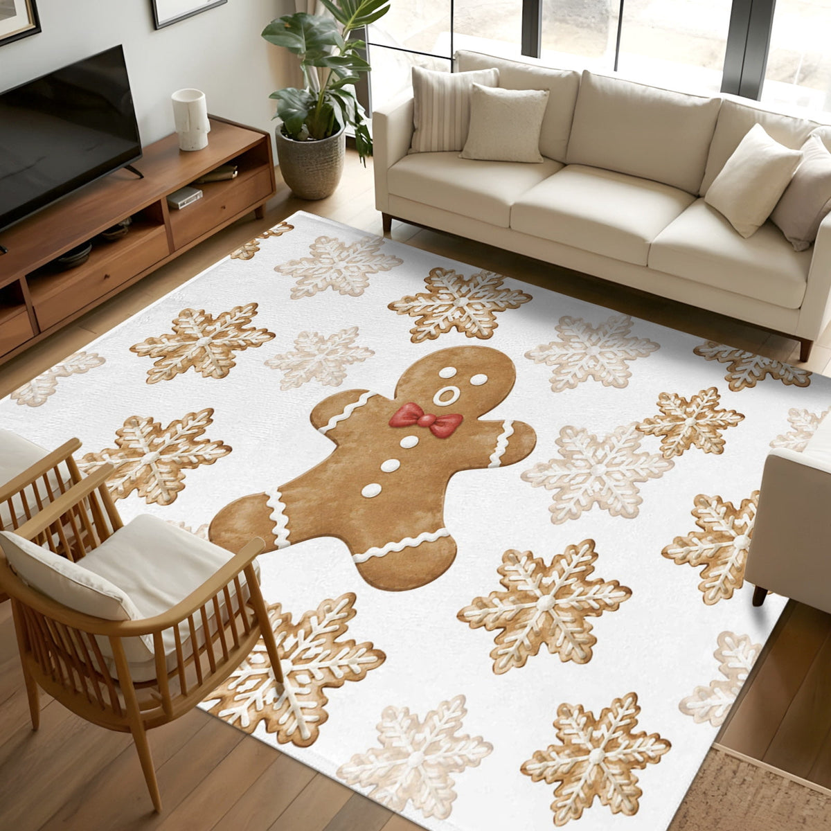 6ft Round Rug, Christmas Non-Skid Rubber Backing Large Area Rugs - Living Room Bedroom Home Office, Beige Snowflake Xmas Winter Black Indoor Floor Mat Carpets Washable Rug