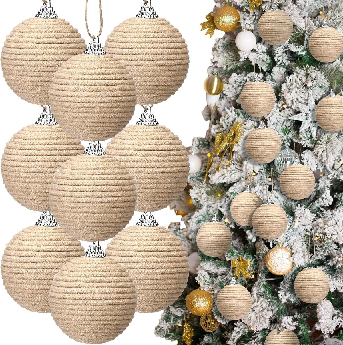 9Pcs 9 Pcs 2.36 Inch Christmas Ball Ornaments Farmhouse Jute Rope Hanging Balls Burlap Neutral Rustic Ornaments for Xmas Tree Holiday Wreath Garland Wedding Home(White,Beige,Dark Brown)