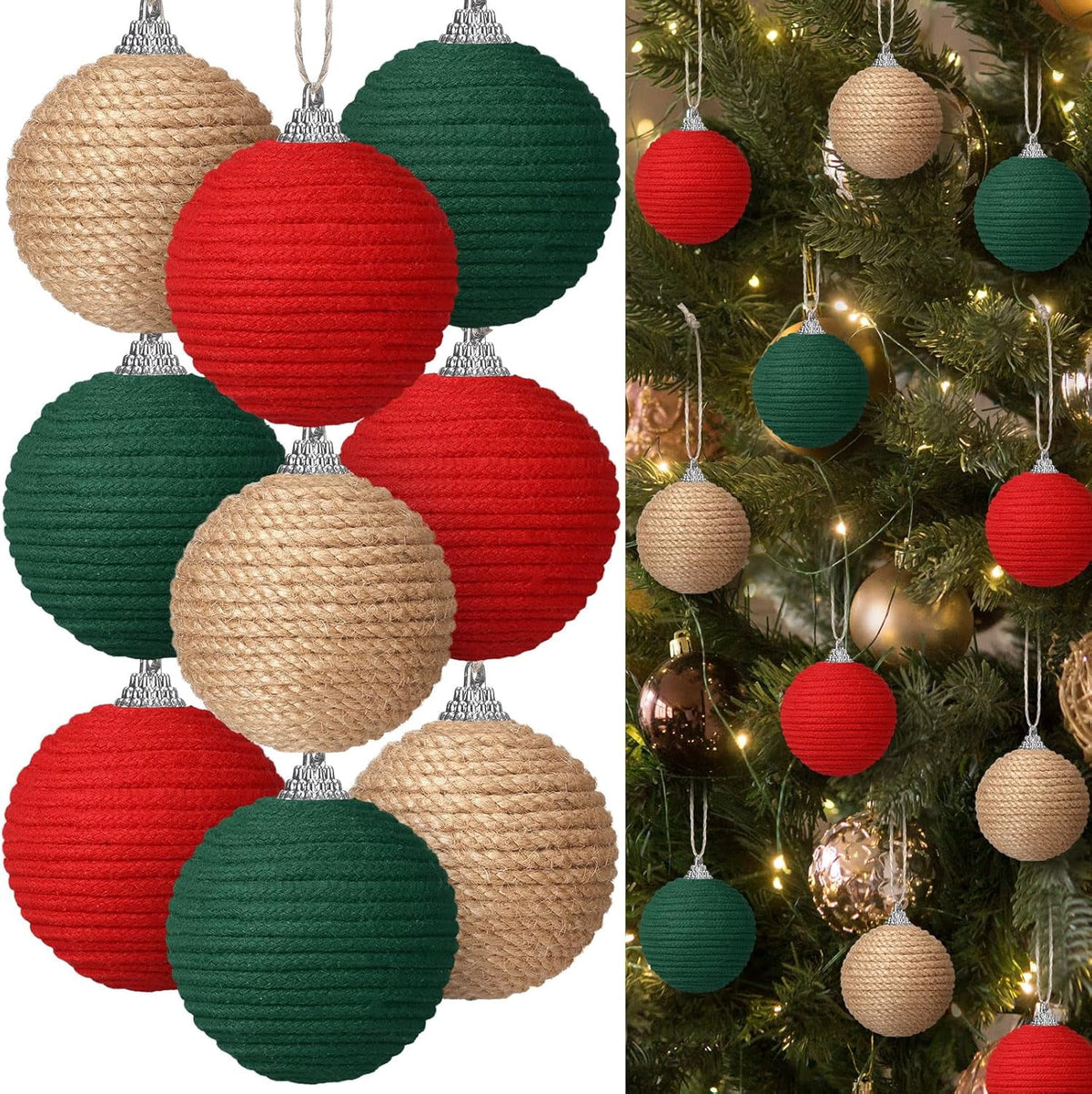9Pcs 9 Pcs 2.36 Inch Christmas Ball Ornaments Farmhouse Jute Rope Hanging Balls Burlap Neutral Rustic Ornaments for Xmas Tree Holiday Wreath Garland Wedding Home(White,Beige,Dark Brown)