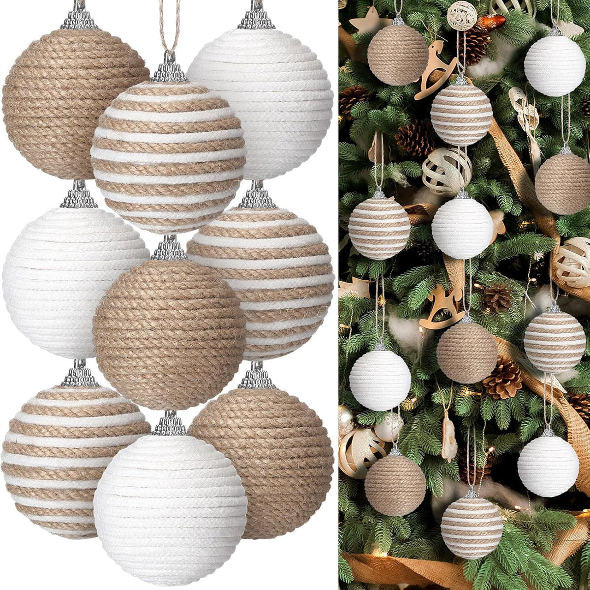 9Pcs 9 Pcs 2.36 Inch Christmas Ball Ornaments Farmhouse Jute Rope Hanging Balls Burlap Neutral Rustic Ornaments for Xmas Tree Holiday Wreath Garland Wedding Home(White,Beige,Dark Brown)