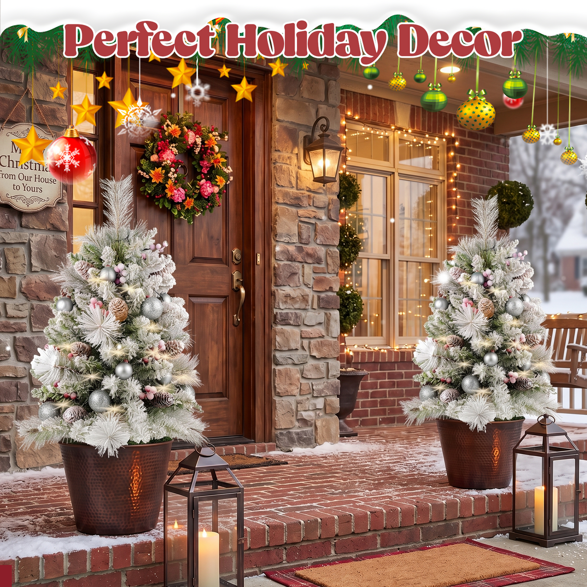 2 Pack 30 inch Prelit Outdoor Christmas Tree, Small Pre-Decorated Green Xmas Tree with Cones & Red Berries, 30 Warm Lights, Urn Filler Holiday Decor for Entrance Driveway, Yard, Garden