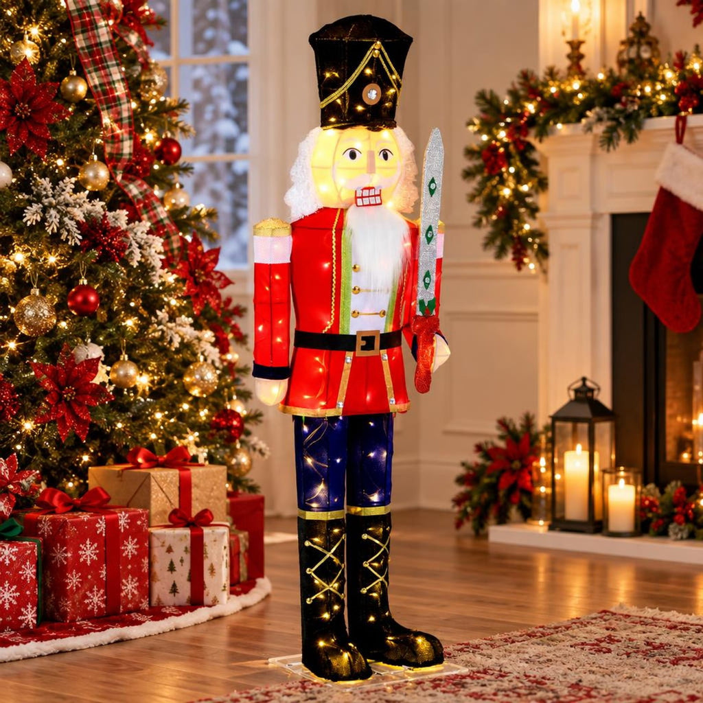 RUIE Lighted Christmas Nutcracker, 5 ft Outdoor Holiday Figure with 100 Warm White LED Lights, Glitter Sword, Metal Frame and Long Cord