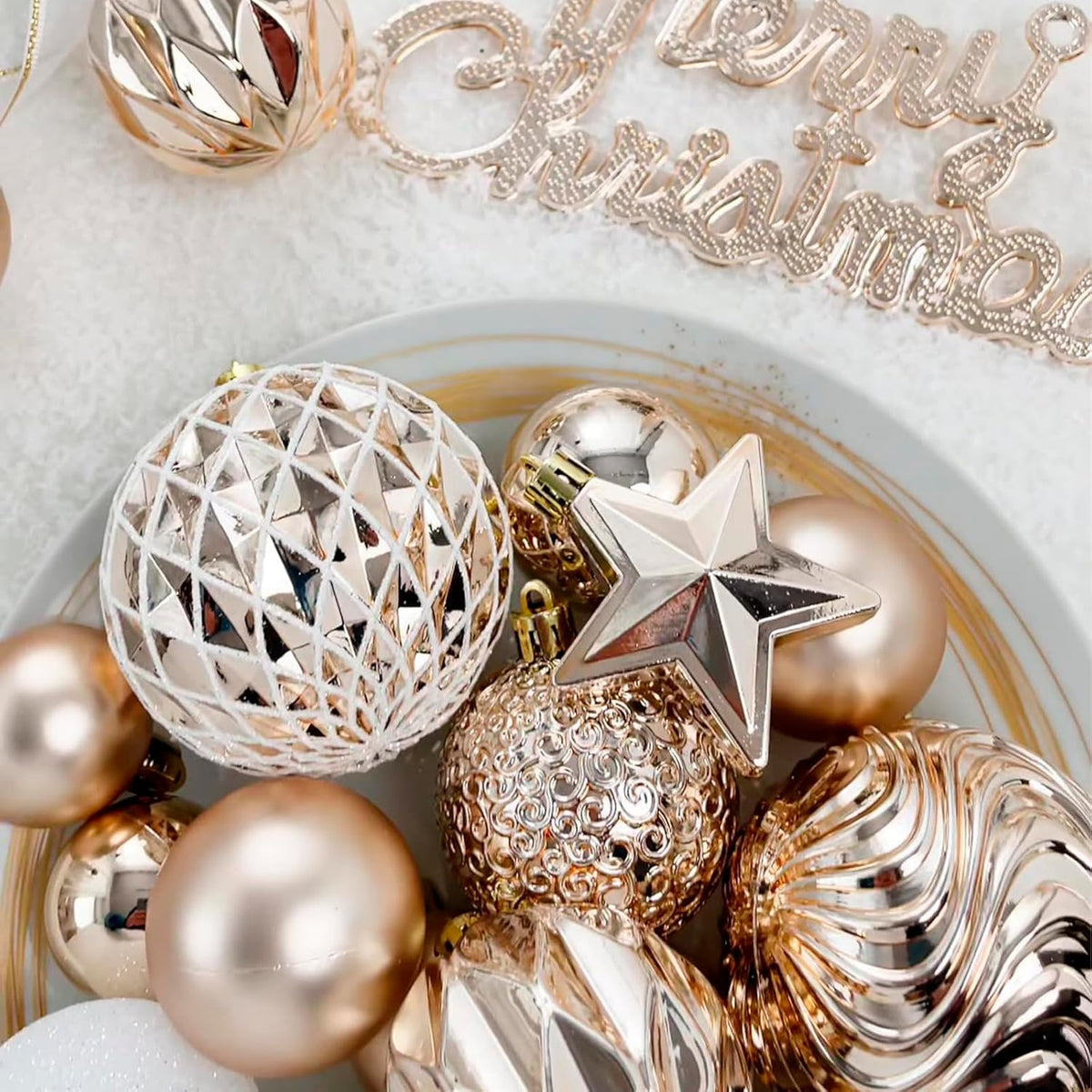Lumiparty 65 pcs Christmas Ball Ornaments Set, Shatterproof Xmas Balls Decorative Hanging Ornaments, Tree Ornaments Assorted Set with Hooks for Xmas Tree Holiday Wreath Garland Swag Decor, Champagne