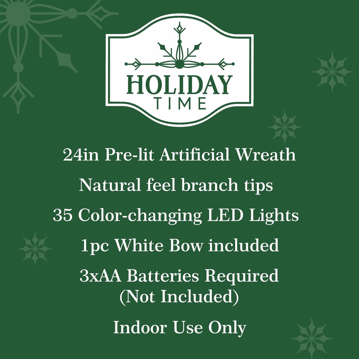 Pre-Lit Battery-Operated Snow-Flocked Hamilton Artificial Christmas Wreath, Green and White, 24", by Holiday Time