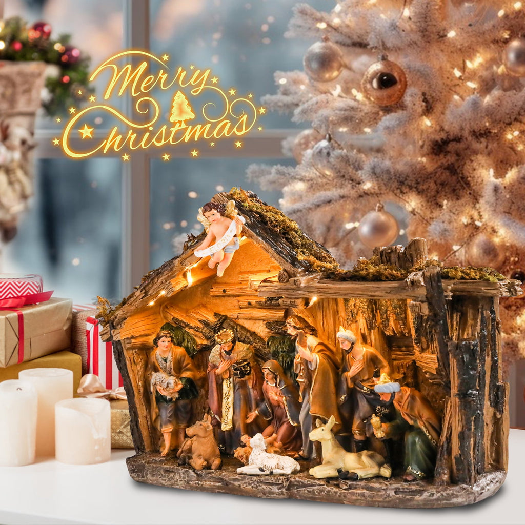 12.5 INCH Wonder Garden Christmas Nativity Set Figurine - Nativity Scene Statue with Moss Stable Village Music Decor