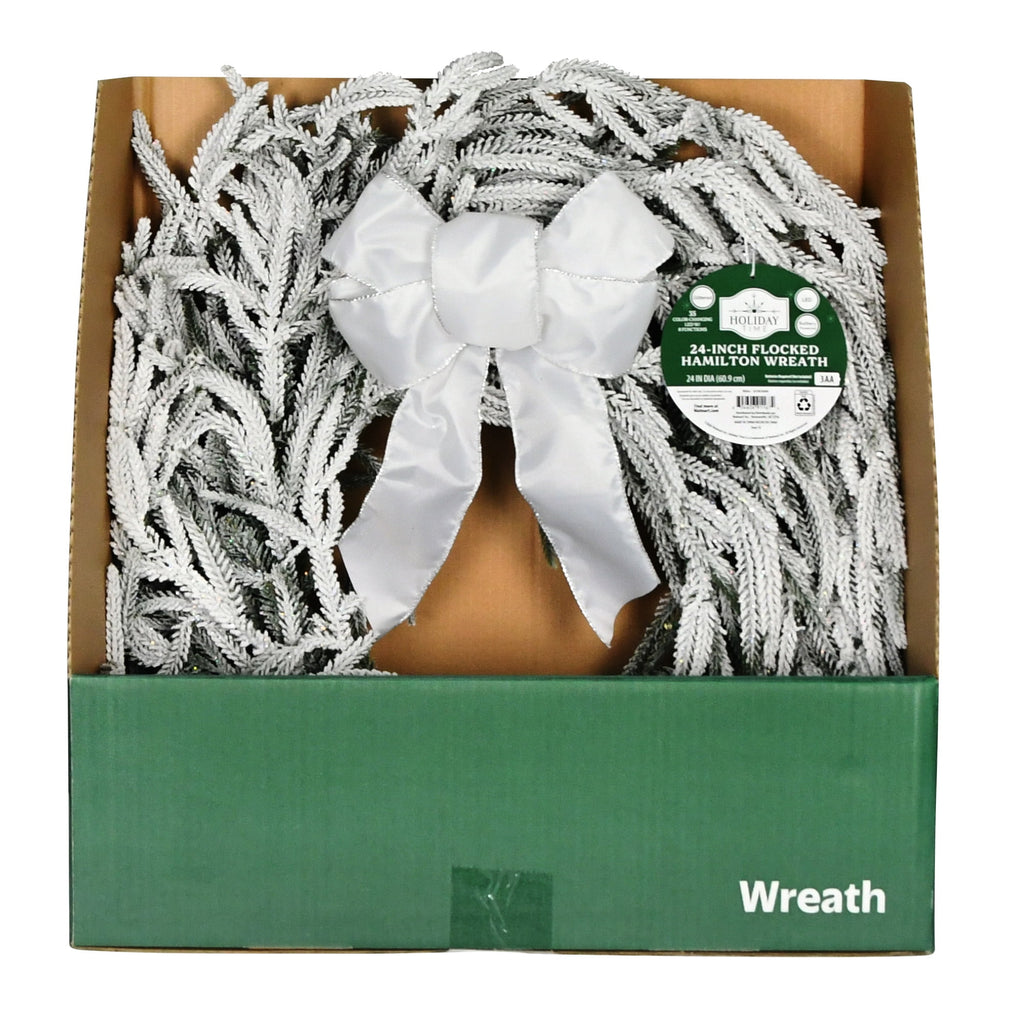 Pre-Lit Battery-Operated Snow-Flocked Hamilton Artificial Christmas Wreath, Green and White, 24", by Holiday Time