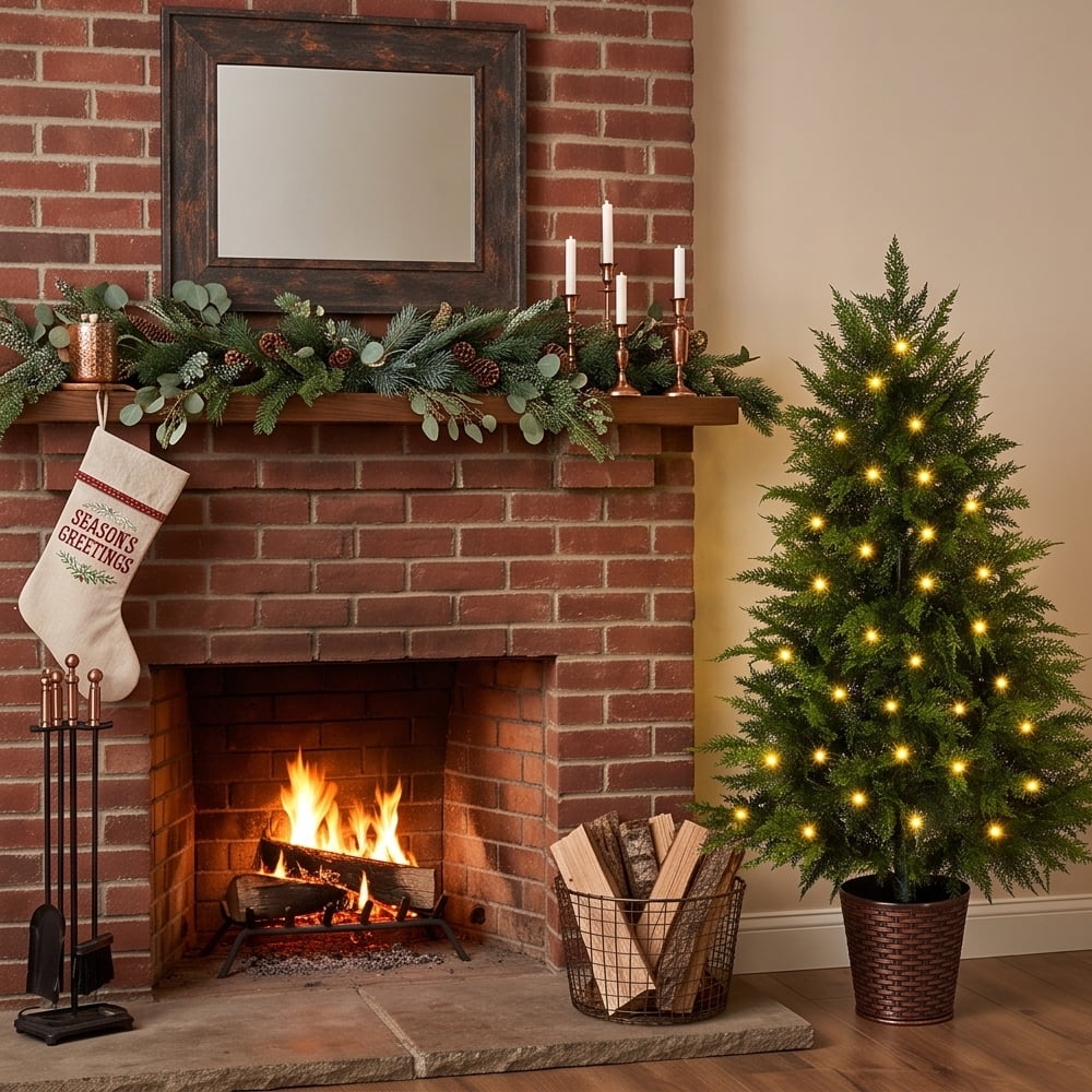 Firstness 4Ft Pre-Lit Potted Christmas Trees with 8 Lighting Modes, PE Cypress Artificial Tree for Porch Entryway Indoor Outdoor Decor