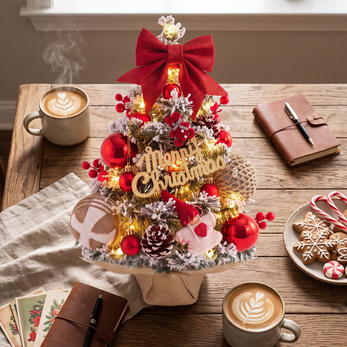 22" Mini Christmas Tree with 30 LEDs, Red Berries & Pinecones, DIY Kit, Battery Powered Tabletop Tree Christmas Decorations Gifts for Dorms, Offices, Home, Classrooms Desks & Small Spaces