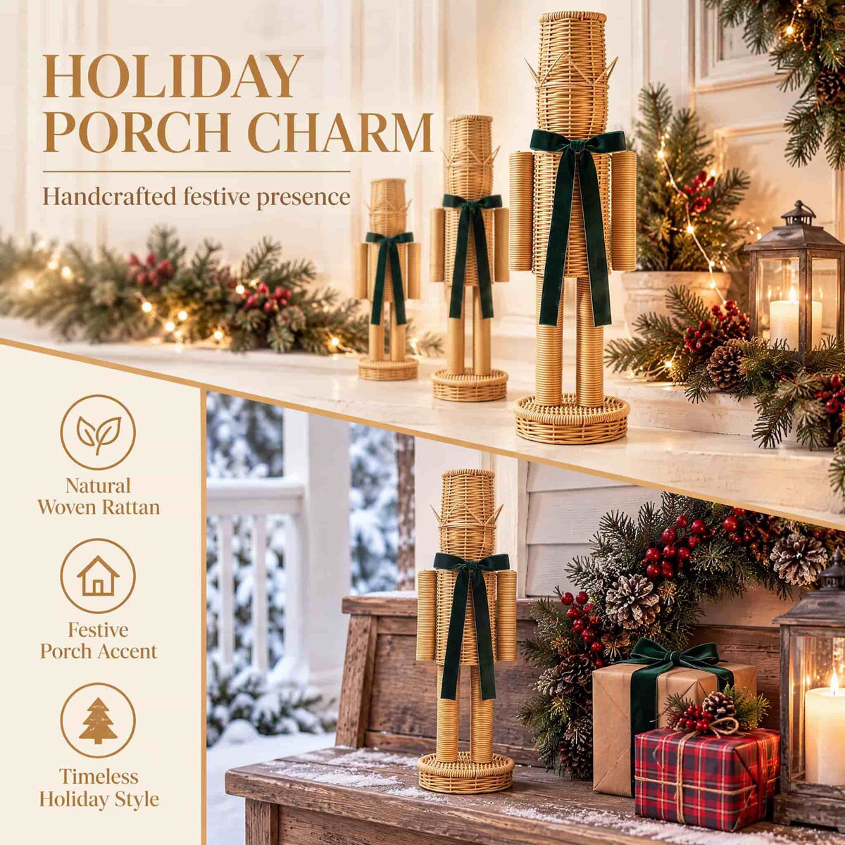 15.74 Inch Rattan Nutcracker Christmas Decor, Woven Look Resin Nutcracker Figurine With Green Velvet Bow, Freestanding Christmas Soldier Decoration For Mantel Shelf Entryway