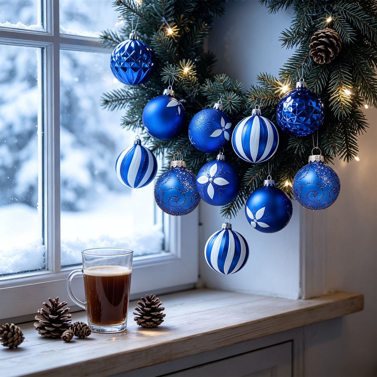 Gaecuw 16 Pack Blue Painted Odd Shaped Christmas Baubles, Luxury Style Ornaments Set for Xmas Tree Wreath Mantel REFINEMENT Decor