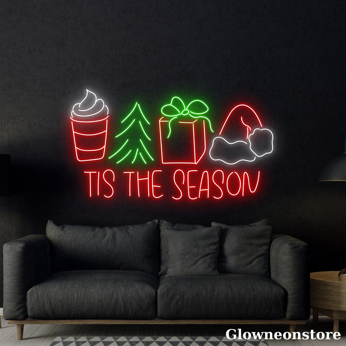 Glowneon Tis The Season Neon Sign, Merry Christmas Sign, Coffee Shop Wall Decor, Santa Hat Neon