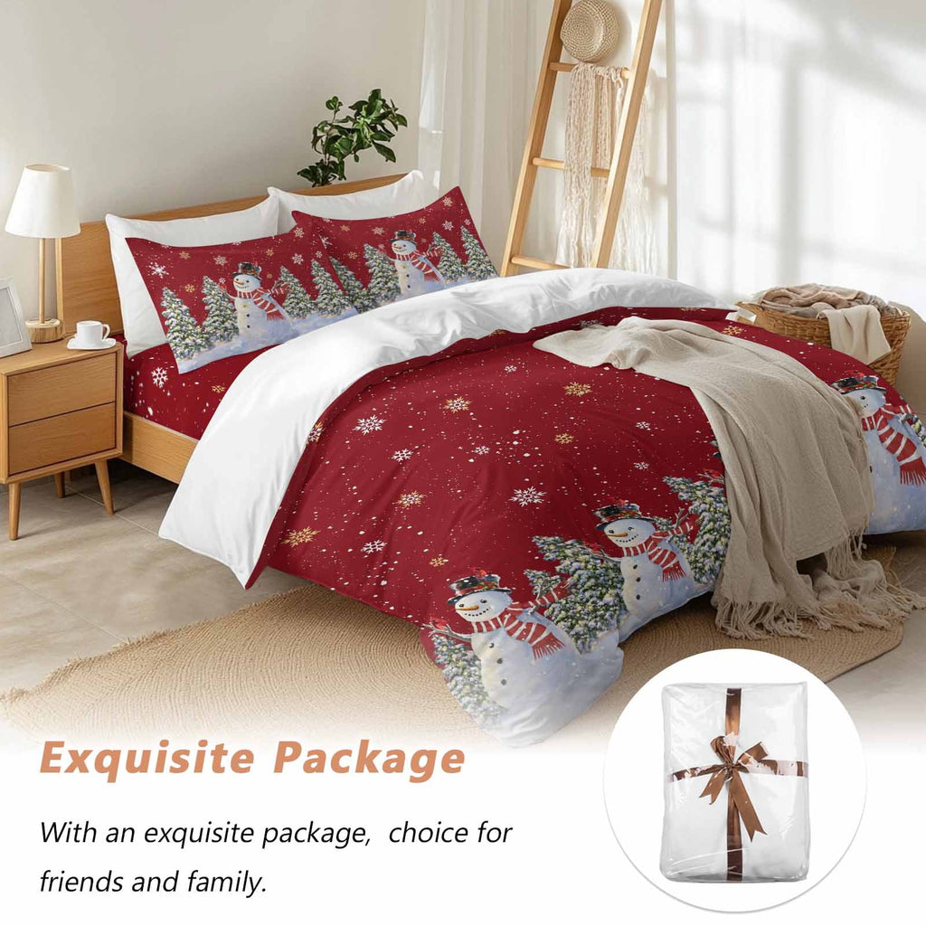 Christmas Snowman Bedding Duvet Cover Set Queen Size 4 Pieces Winter Christmas Tree Snowflake Red Bedding Set with Zipper Closure, 1 Comforter Cover 90x90 Inches 1 Flat Sheet & 2 Pillow Cases