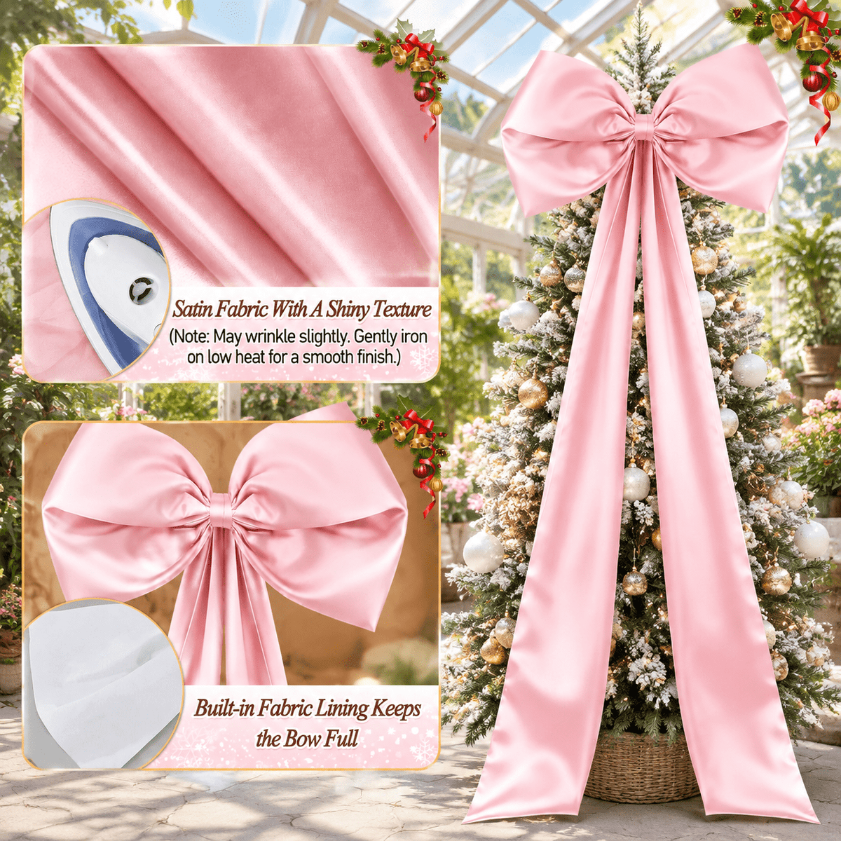 Extra Large Christmas Tree Topper Bow, Pink, 10.2ft Long Ribbons for 9-12ft Trees