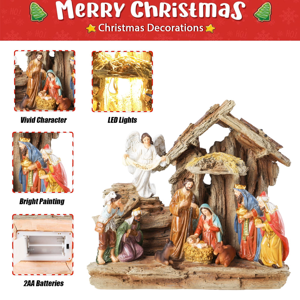 12.5 INCH Wonder Garden Christmas Nativity Set Figurine - Nativity Scene Statue with Moss Stable Village Music Decor