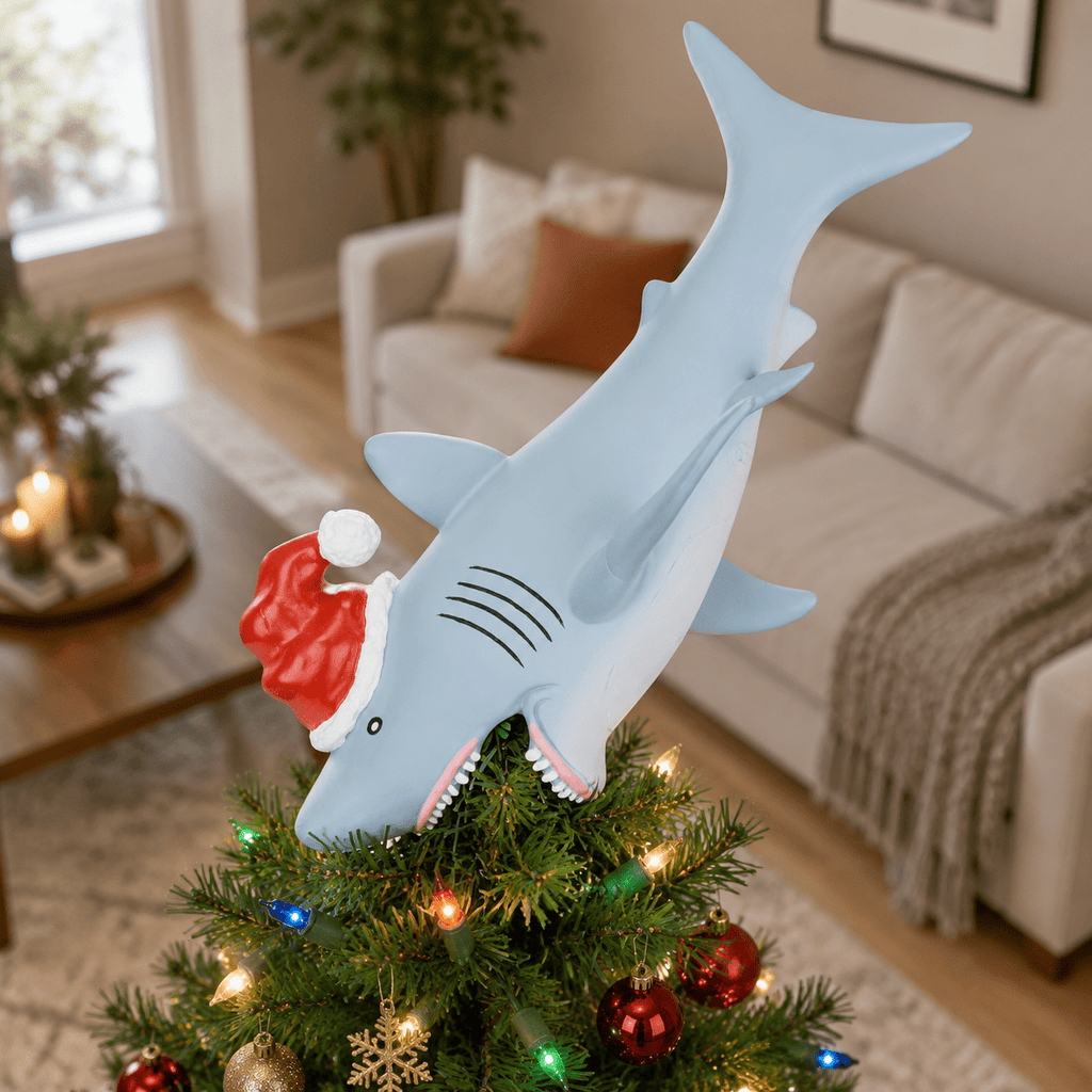 Great White Shark Santa Hat Christmas Tree Topper, 10 Inch Large Holiday Decor