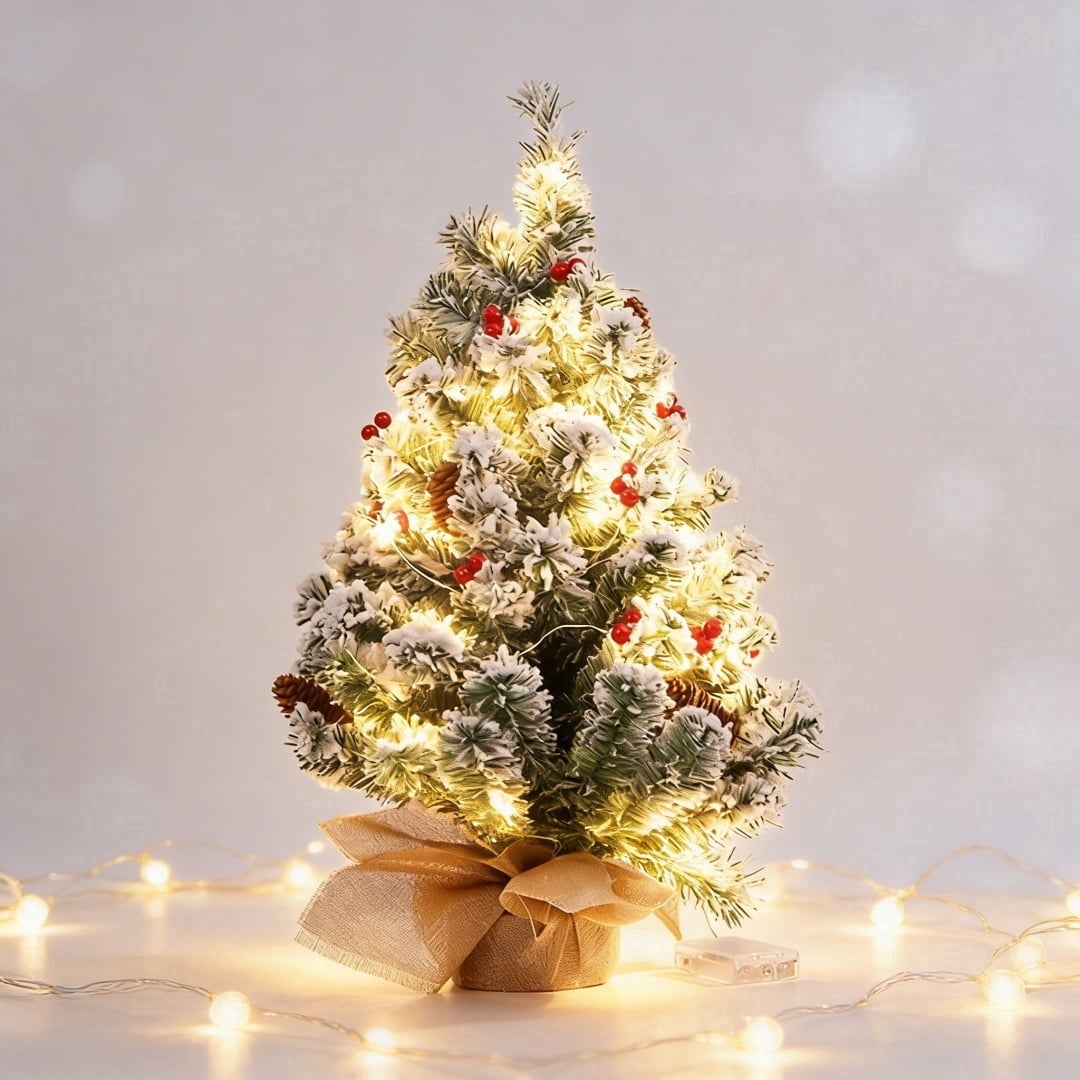 22" Mini Christmas Tree with 30 LEDs, Red Berries & Pinecones, DIY Kit, Battery Powered Tabletop Tree Christmas Decorations Gifts for Dorms, Offices, Home, Classrooms Desks & Small Spaces