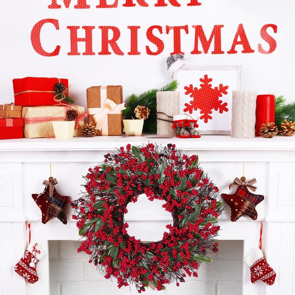 19 inches Christmas Wreaths Red Berry Wreath, Xmas Wreath with Berries for Front Door, Holly Winterberry Wreath for Home Christmas Wall Fireplace Window Party Holiday Decor