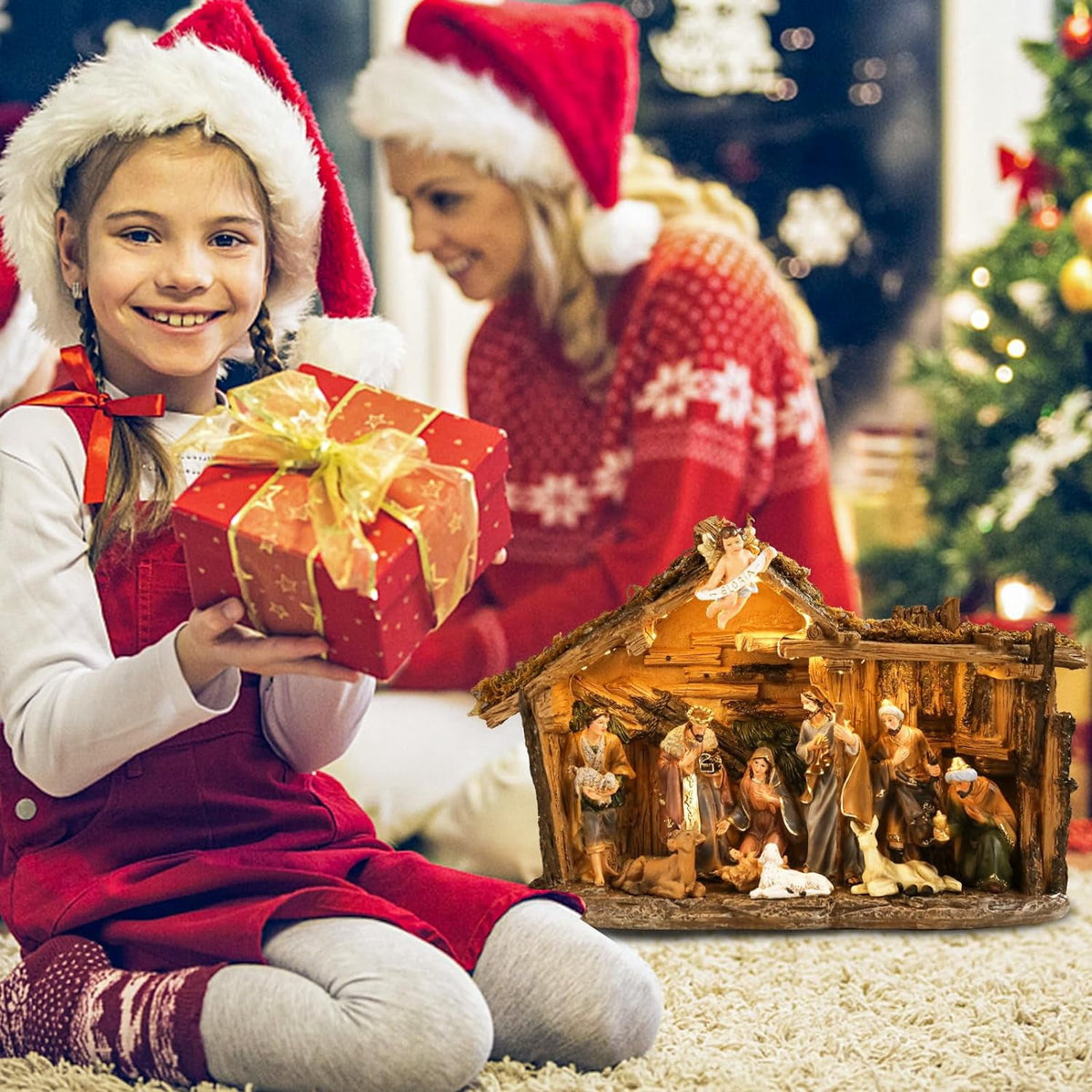 12.5 INCH Wonder Garden Christmas Nativity Set Figurine - Nativity Scene Statue with Moss Stable Village Music Decor