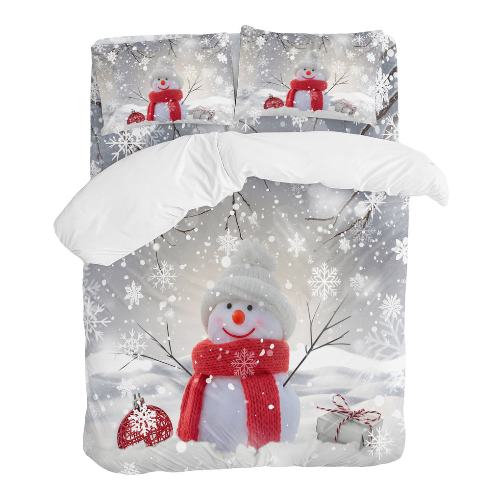 Christmas Duvet Cover Set Twin Size, Cute Red Snowman Pine Branches Winter Snowfall 4 Piece Soft Microfiber Bedding Set with 1 Duvet Cover, 1 Flat Sheet, 2 Pillowcases