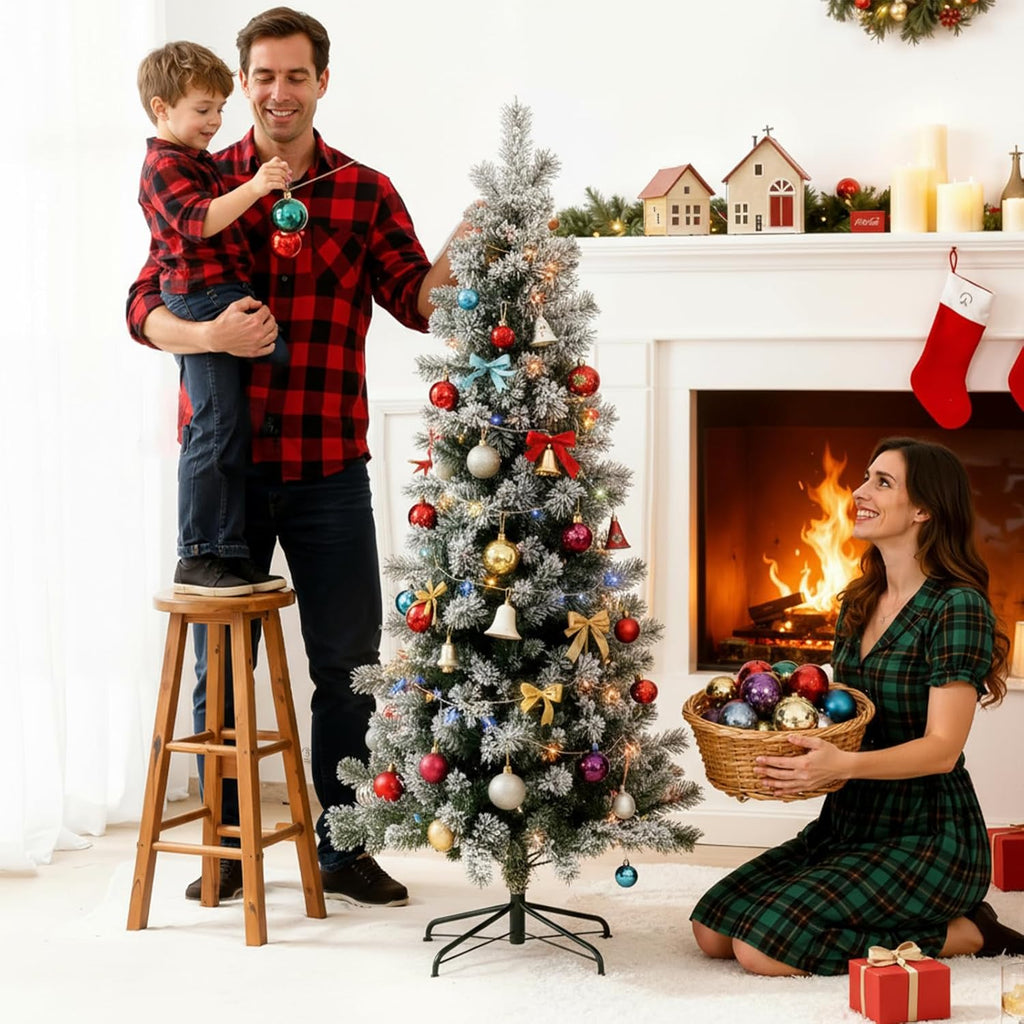 LIFERECORD 6ft Prelit Artificial Hinged Slim Pencil Christmas Tree with 250 Lights, 571 Full Branch Tips, 8 Warm Lingting Motes Perfect Decoration for Xmas Holiday, Green