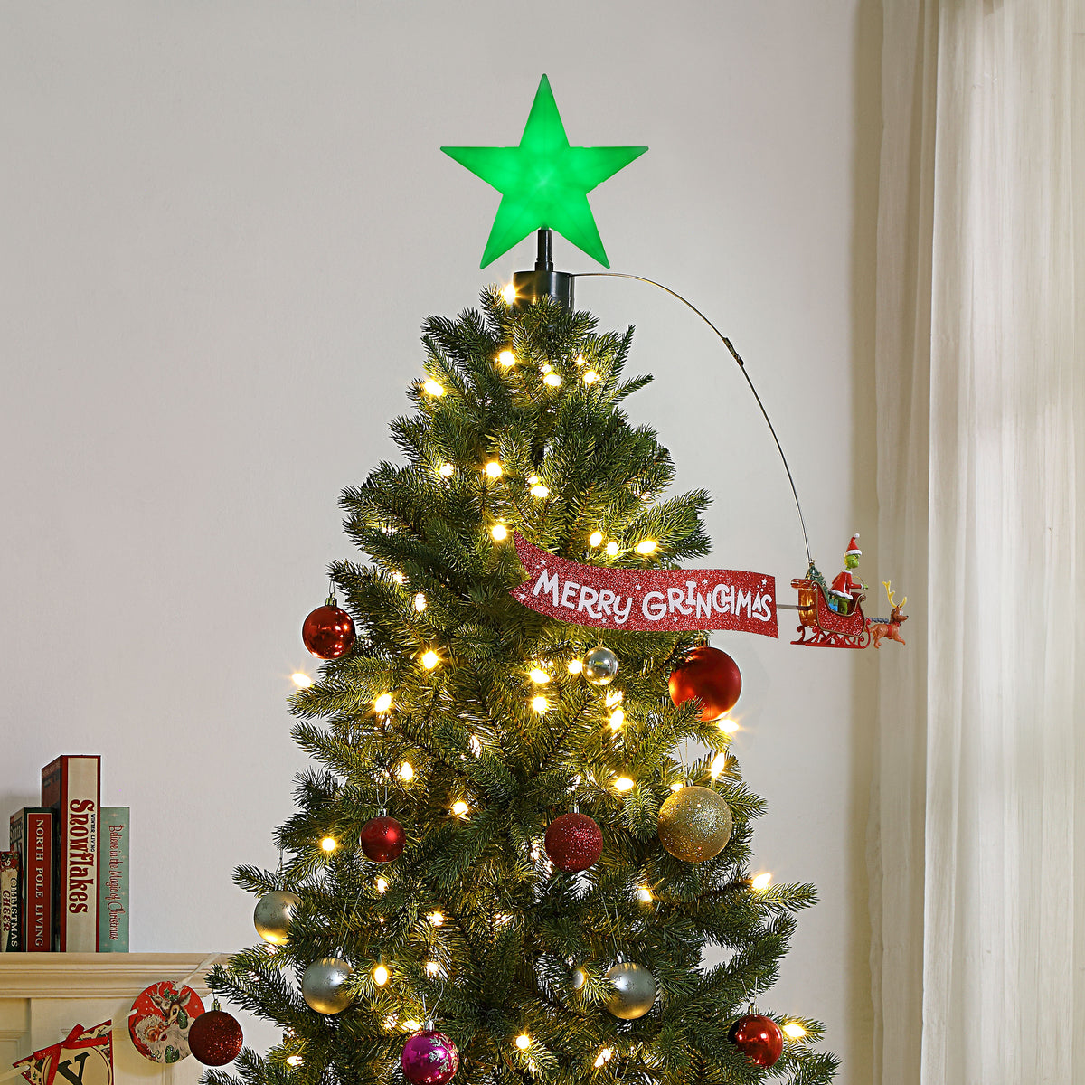 Mr. Christmas Christmas Tree Topper Animated Grinch Sleigh with Banner