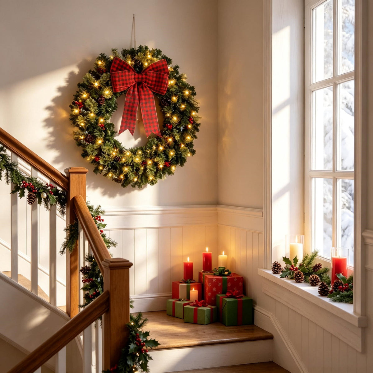 Pre-Lit Christmas Wreath with 100 Warm White LED Lights, 8 Lighting Modes, Berries, Pinecones, and Buffalo Plaid Bow, 36 in