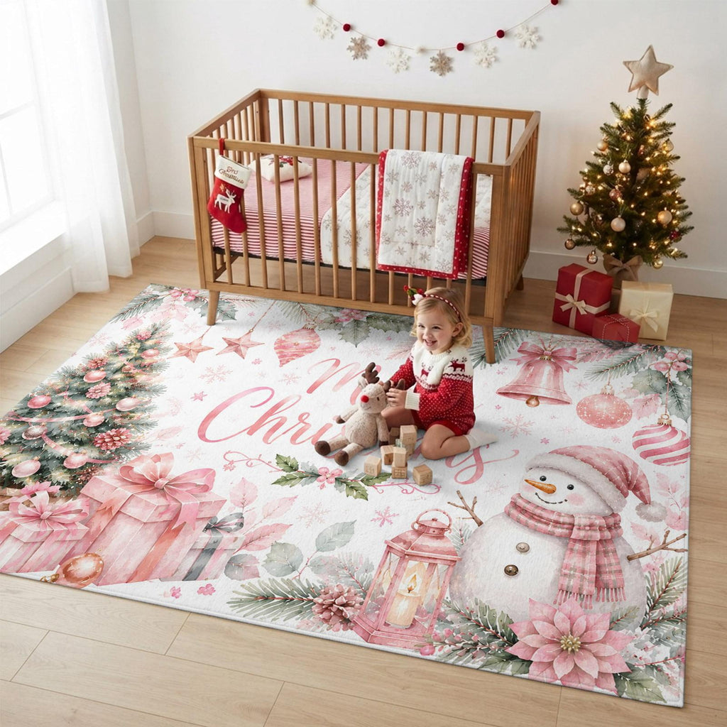 Large Area Rugs for Living Room Bedroom, Blue Merry Christmas 8'x10' Rug Washable Carpet Runner Indoor Outdoor, Xmas Tree Snowman Eucalyptus Wood Non Slip Floor Mats Rug for Kitchen, Patio