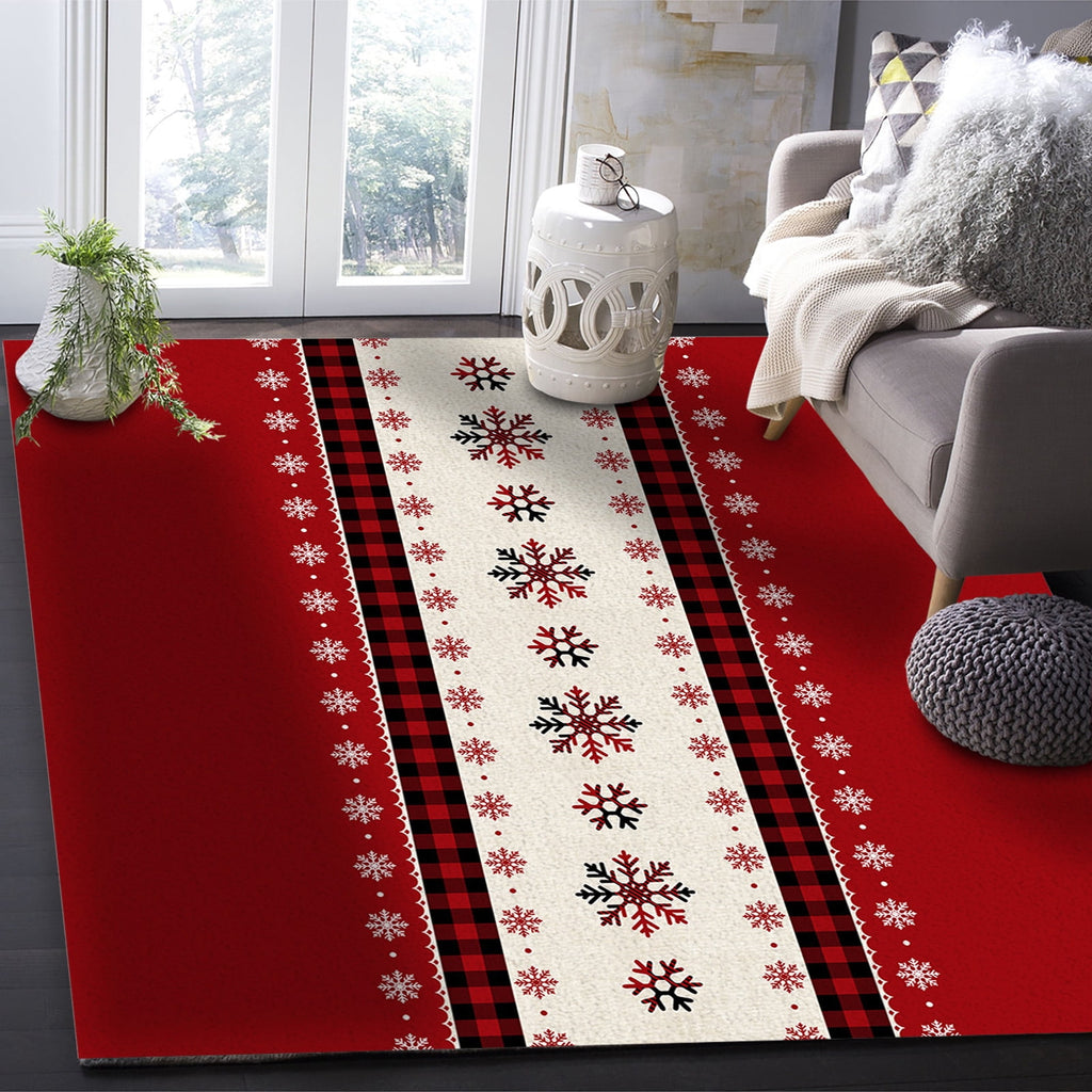 Christmas Snowflake Area Rug 5x7ft Red and Black Buffalo Plaid Non-Slip Washable Square Rugs Soft Felt Indoor Floor Mat for Bedroom Kitchen Living Room Bathroom